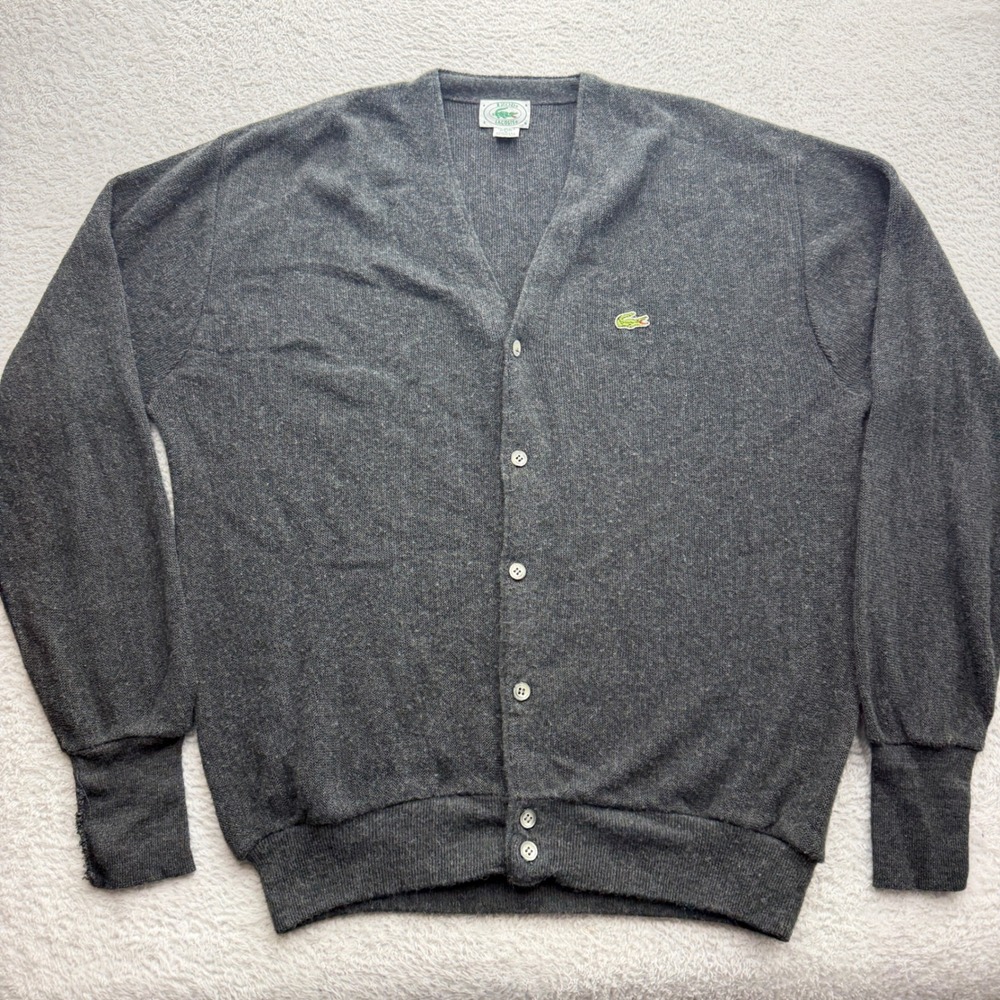 Vintage Izod Lacoste Mens Cardigan Sweater Large Charcoal Grey Orlon Acrylic USA